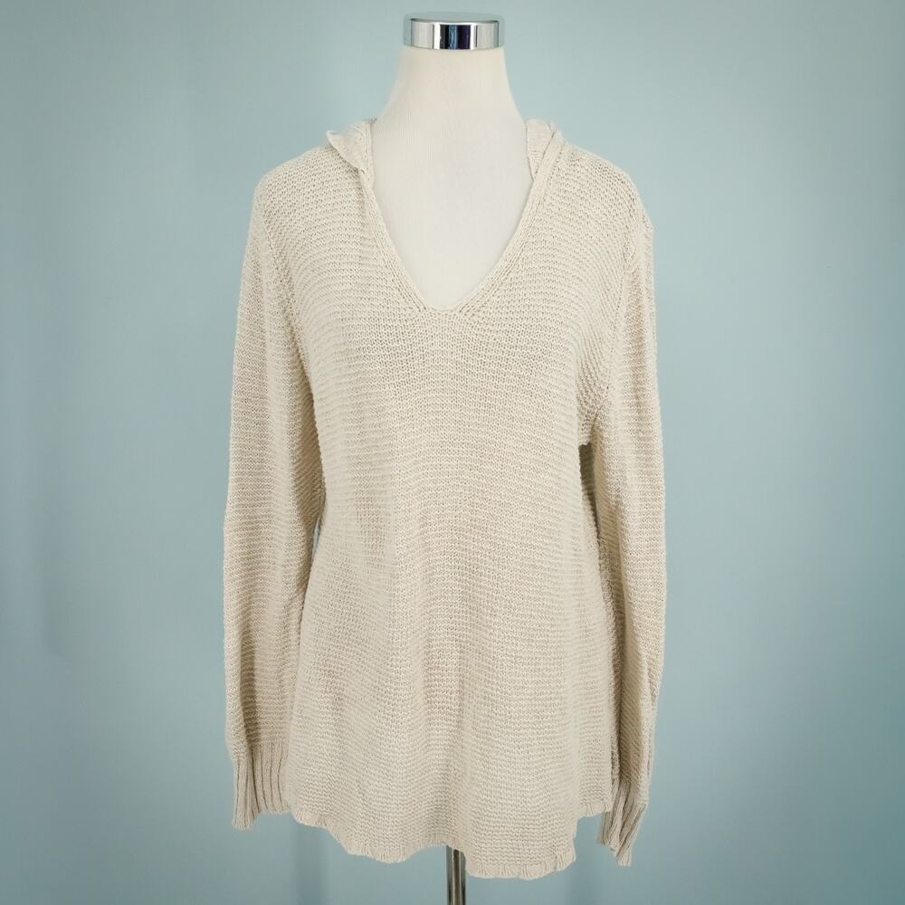 Eileen Fisher Size Large L Cream Hoodie V Neck Open Knit Linen Cotton Sweater - Picture 2 of 7